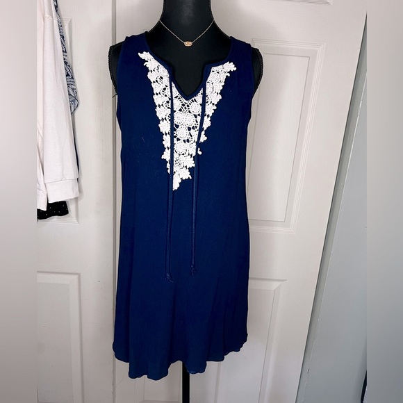 Naif Blue Sleeveless Boho Mini Dress or Tunic with White/cream Lace Detail - Picture 1 of 5